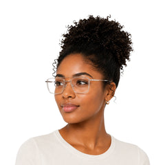 Woman wearing OS SLOMGA 31007 wide square double bridge eyeglasses in transparent