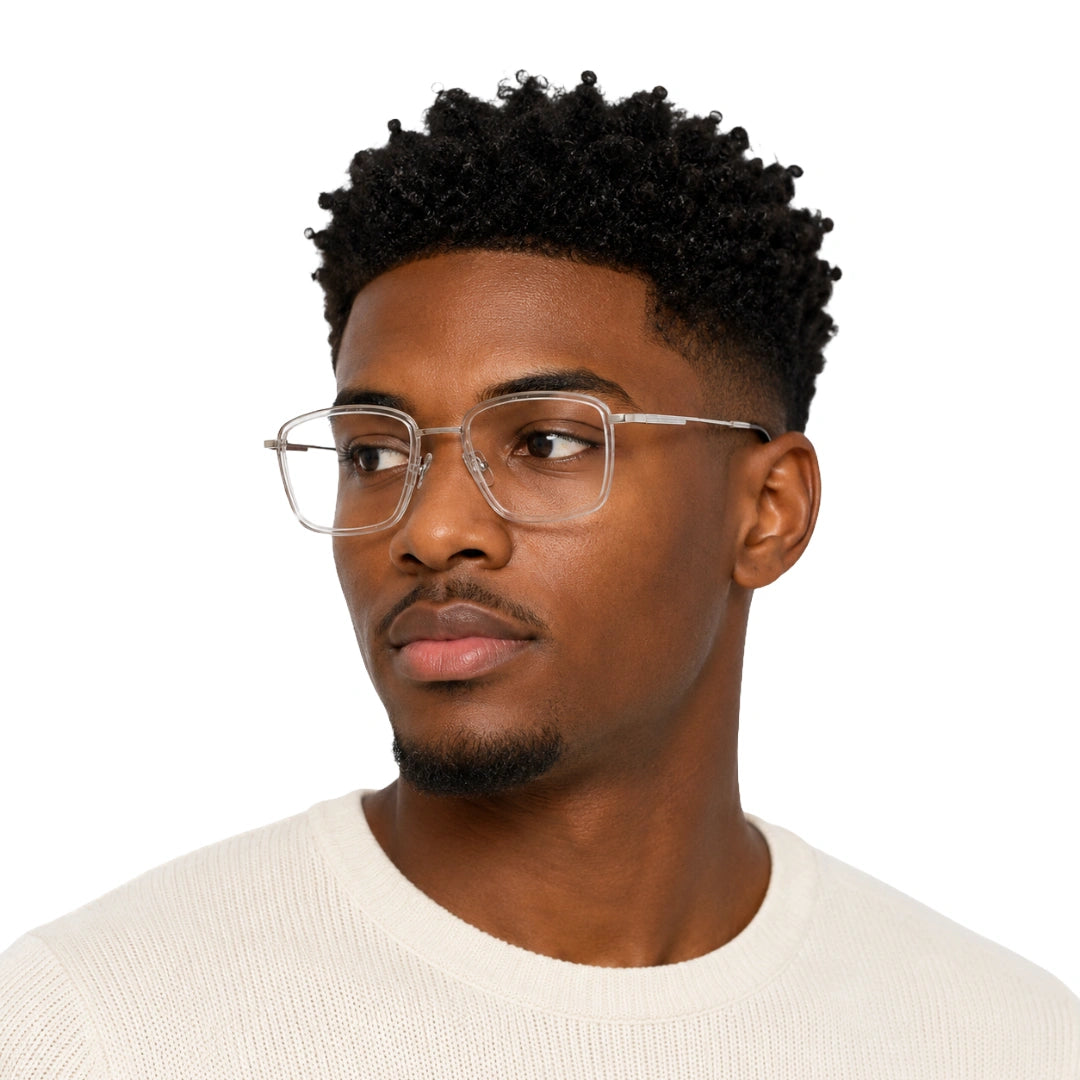 Man wearing OS SLOMGA 31007 wide square double bridge eyeglasses in transparent