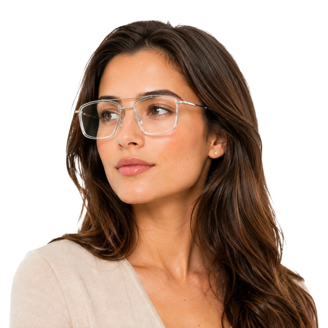 Woman wearing OS SLOMGA 31007 wide square double bridge eyeglasses in transparent, front view