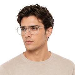 Man wearing OS SLOMGA 31007 wide square double bridge eyeglasses in transparent, front view