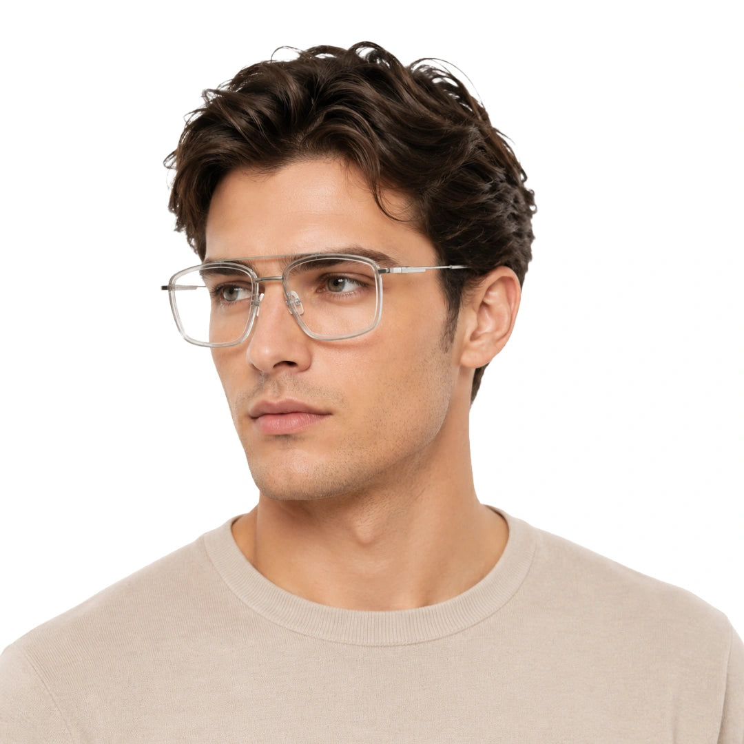 Man wearing OS SLOMGA 31007 wide square double bridge eyeglasses in transparent, front view