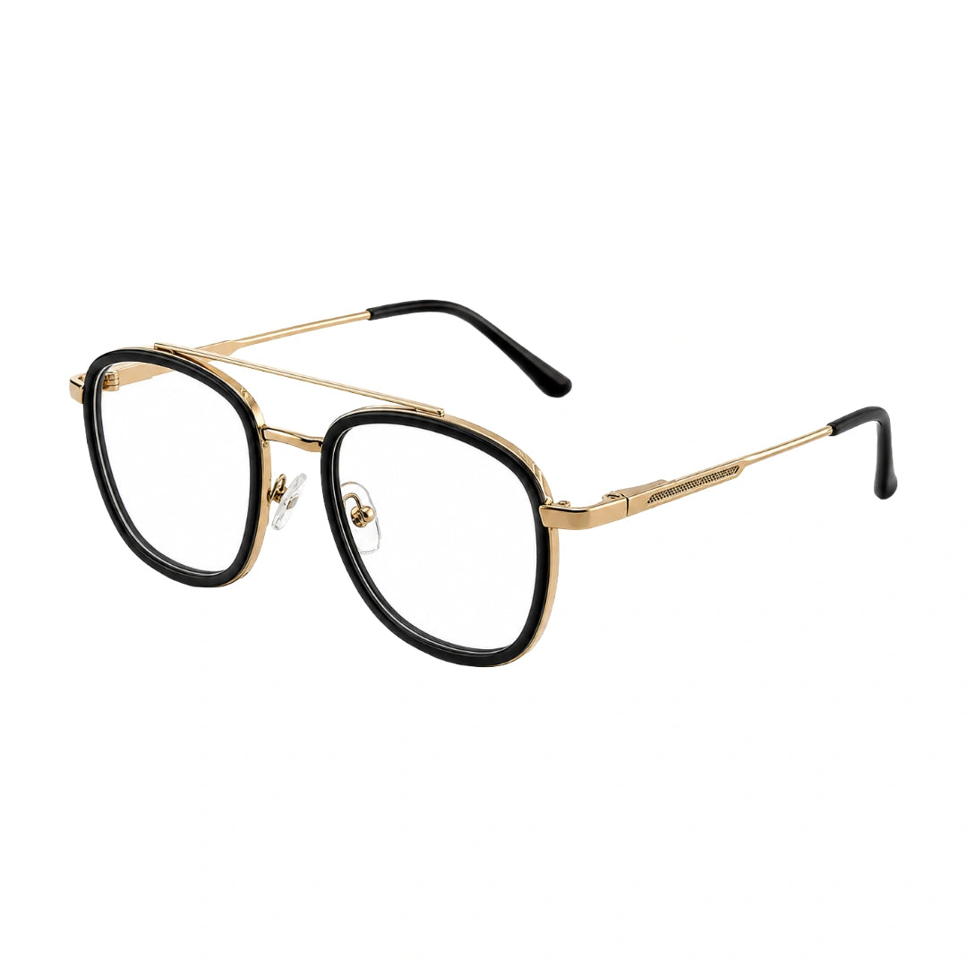 OS SLOMGA 31008 modern double bridge square optical frame in black and gold, three-quarter angled view