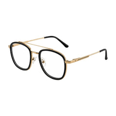 OS SLOMGA 31008 modern double bridge square optical frame in black and gold, three-quarter angled view