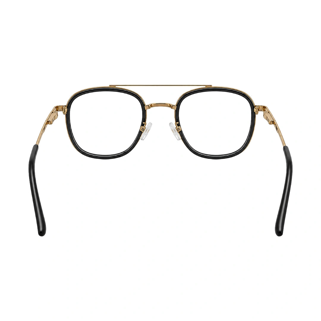 OS SLOMGA 31008 modern double bridge square optical frame in black and gold, rear view