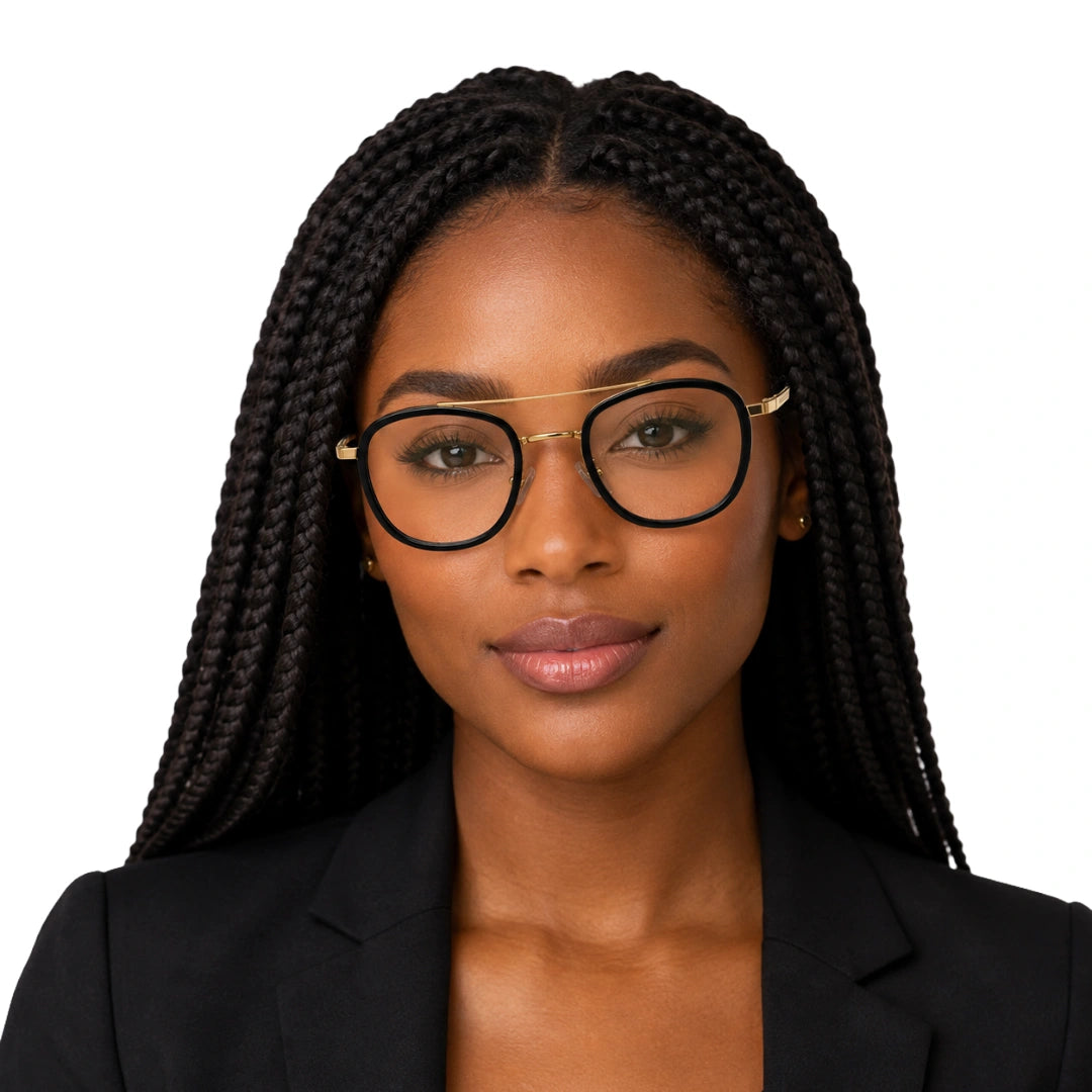 Woman wearing OS SLOMGA 31008 modern double bridge square optical frame in black and gold