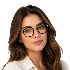 Woman wearing OS SLOMGA 31008 modern double bridge square optical frame in black and gold, front view