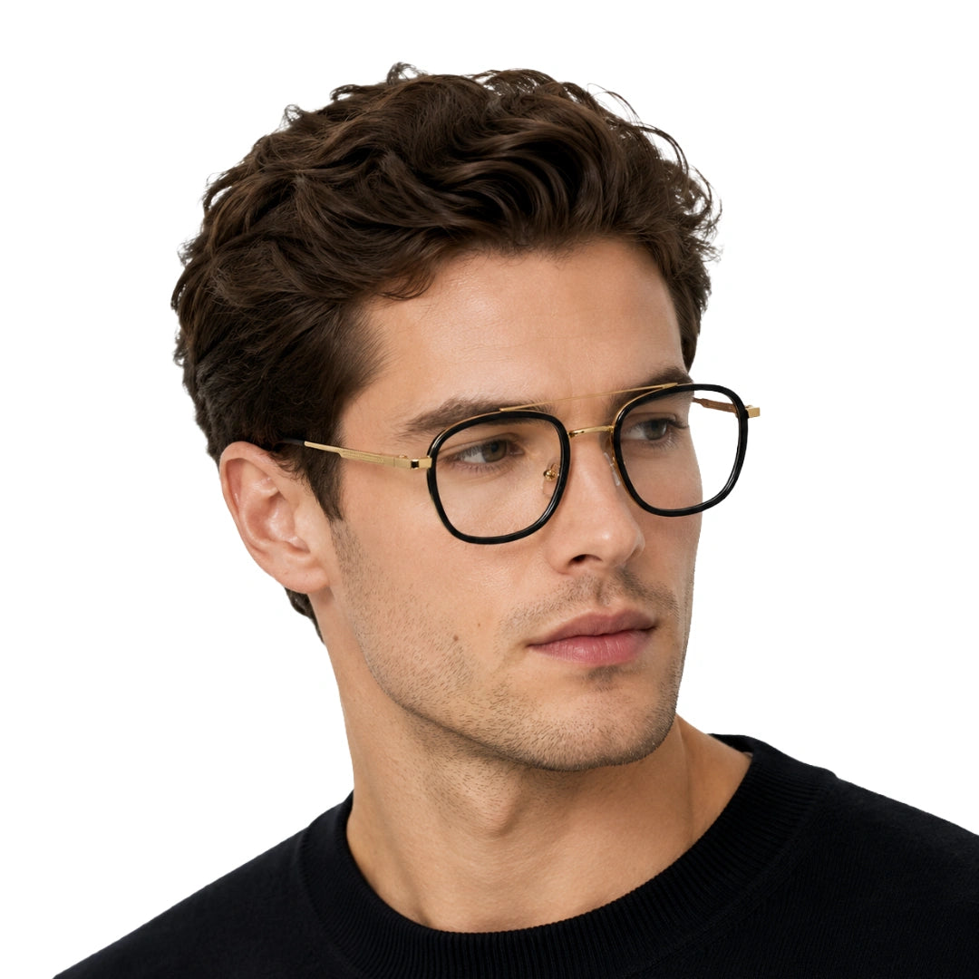 Man wearing OS SLOMGA 31008 modern double bridge square optical frame in black and gold, front view
