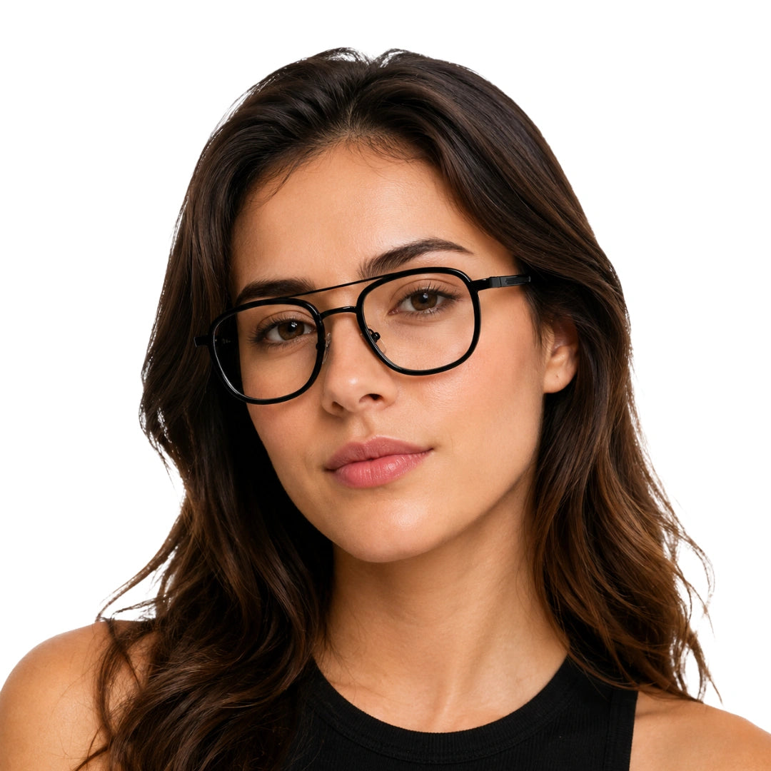 Woman wearing OS SLOMGA 31008 modern double bridge square optical frame in black
