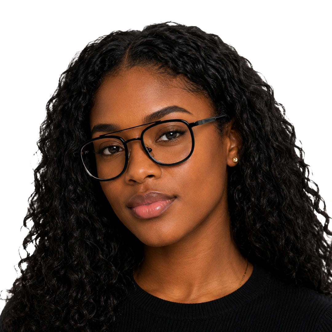 Woman wearing OS SLOMGA 31008 modern double bridge square optical frame in black, front view