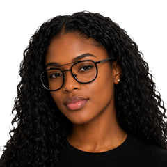 Woman wearing OS SLOMGA 31008 modern double bridge square optical frame in black, front view