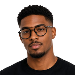Man wearing OS SLOMGA 31008 modern double bridge square optical frame in black, front view