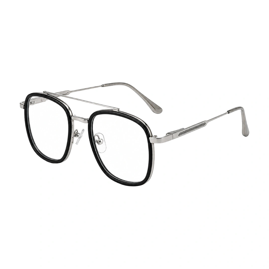 OS SLOMGA 31008 modern double bridge square optical frame in black and silver, three-quarter angled view