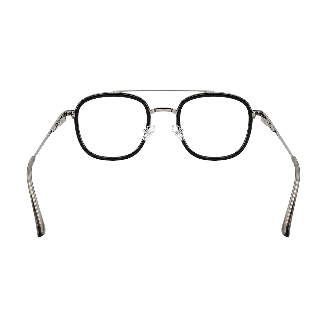 OS SLOMGA 31008 modern double bridge square optical frame in black and silver, rear view