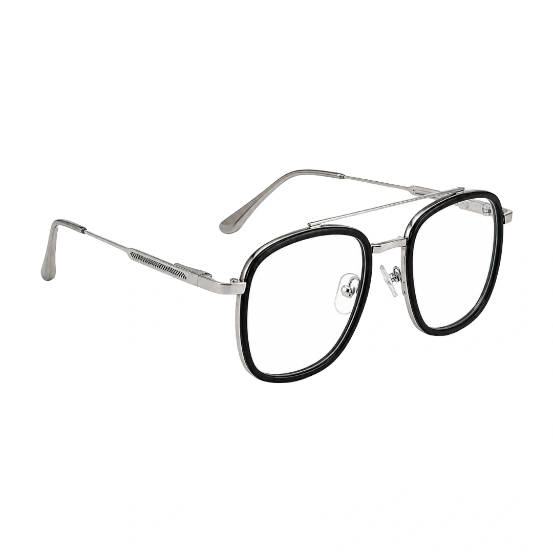OS SLOMGA 31008 modern double bridge square optical frame in black and silver, angled view