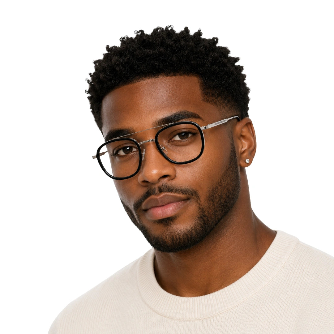 Man wearing OS SLOMGA 31008 modern double bridge square optical frame in black and silver