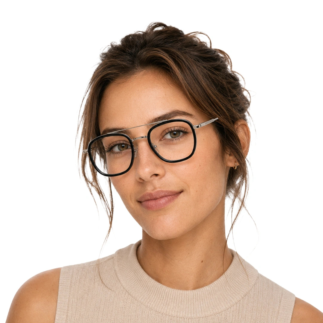 Woman wearing OS SLOMGA 31008 modern double bridge square optical frame in black and silver, front view