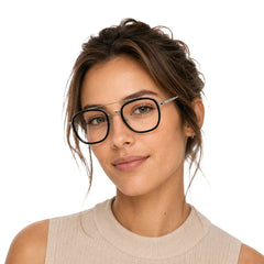 Woman wearing OS SLOMGA 31008 modern double bridge square optical frame in black and silver, front view