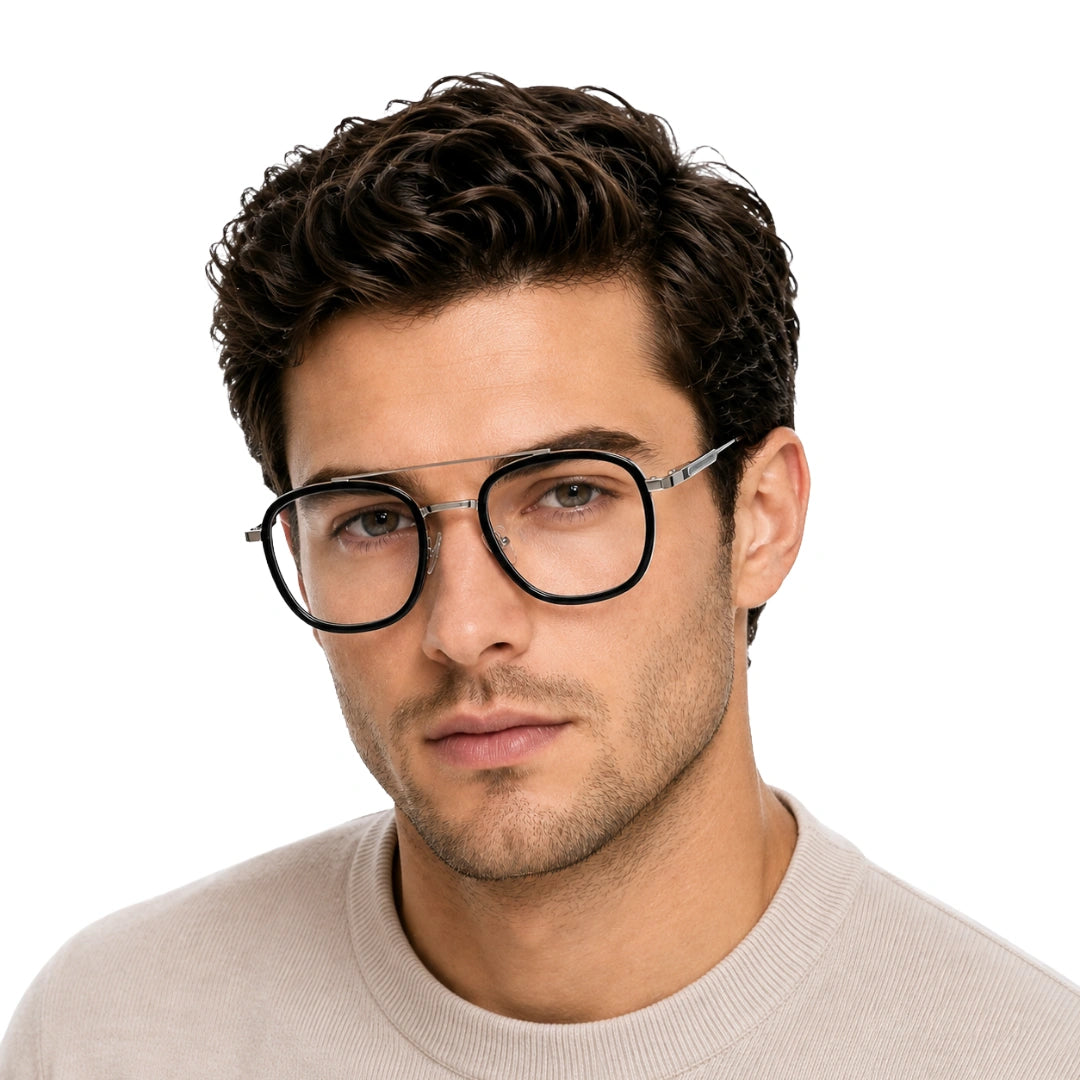 Man wearing OS SLOMGA 31008 modern double bridge square optical frame in black and silver, front view