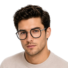 Man wearing OS SLOMGA 31008 modern double bridge square optical frame in black and silver, front view