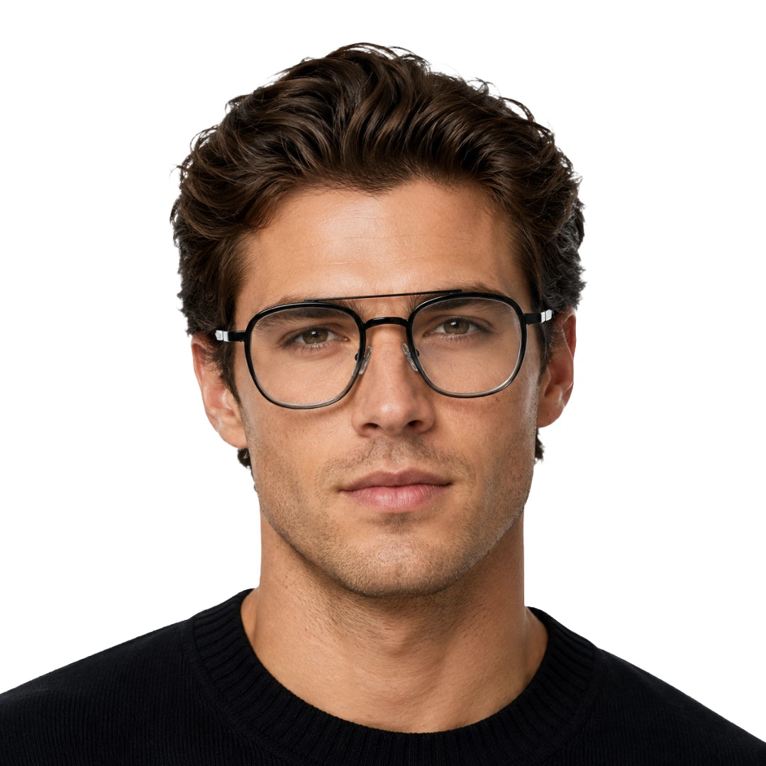Man wearing OS SLOMGA 31008 modern double bridge square optical frame in black and white