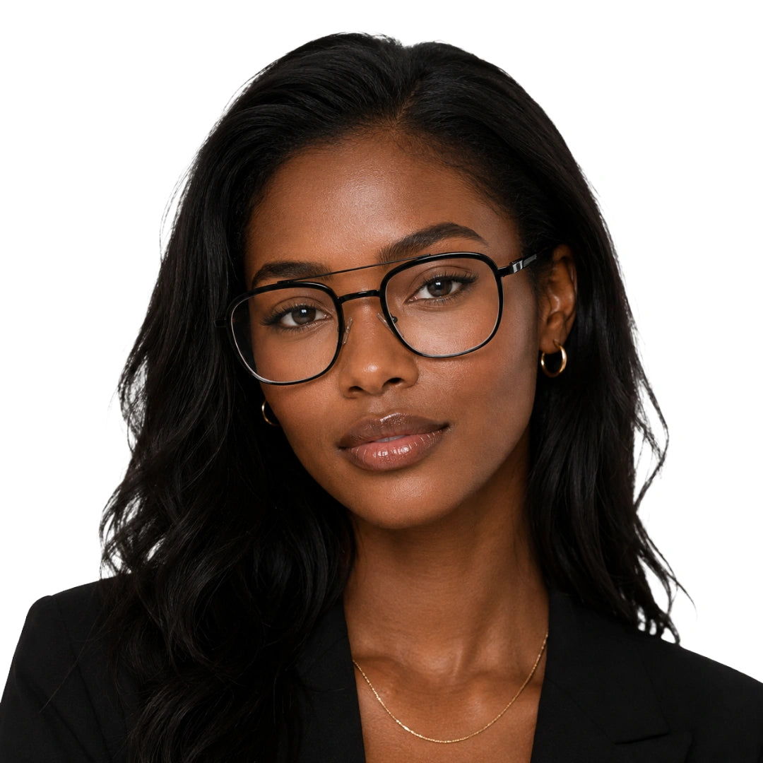 Woman wearing OS SLOMGA 31008 modern double bridge square optical frame in black and white, front view