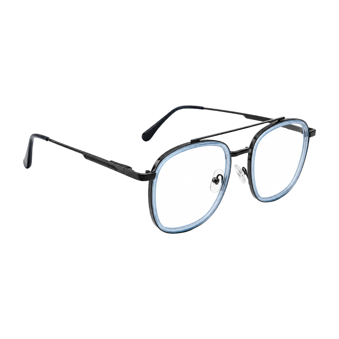 OS SLOMGA 31008 modern double bridge square optical frame in blue, angled view