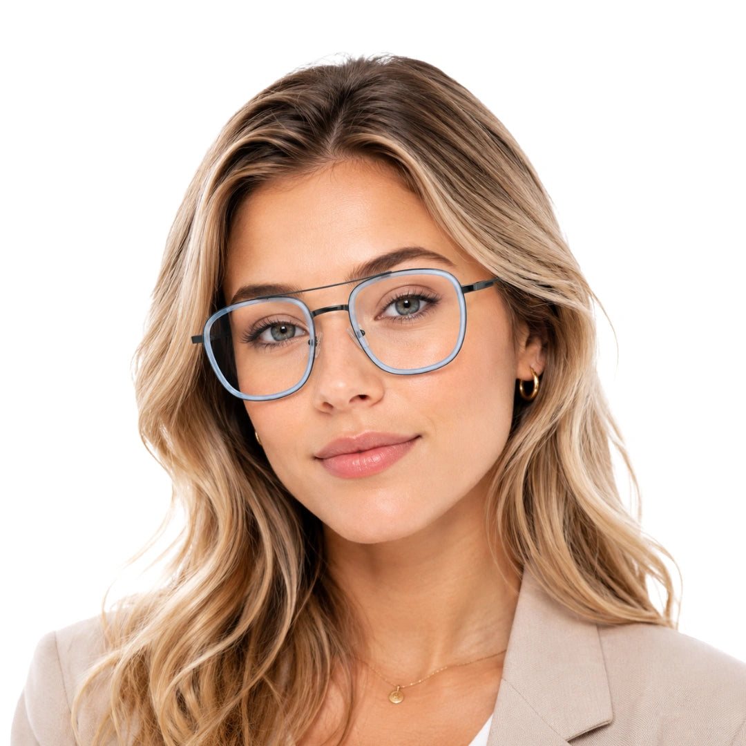 Woman wearing OS SLOMGA 31008 modern double bridge square optical frame in blue