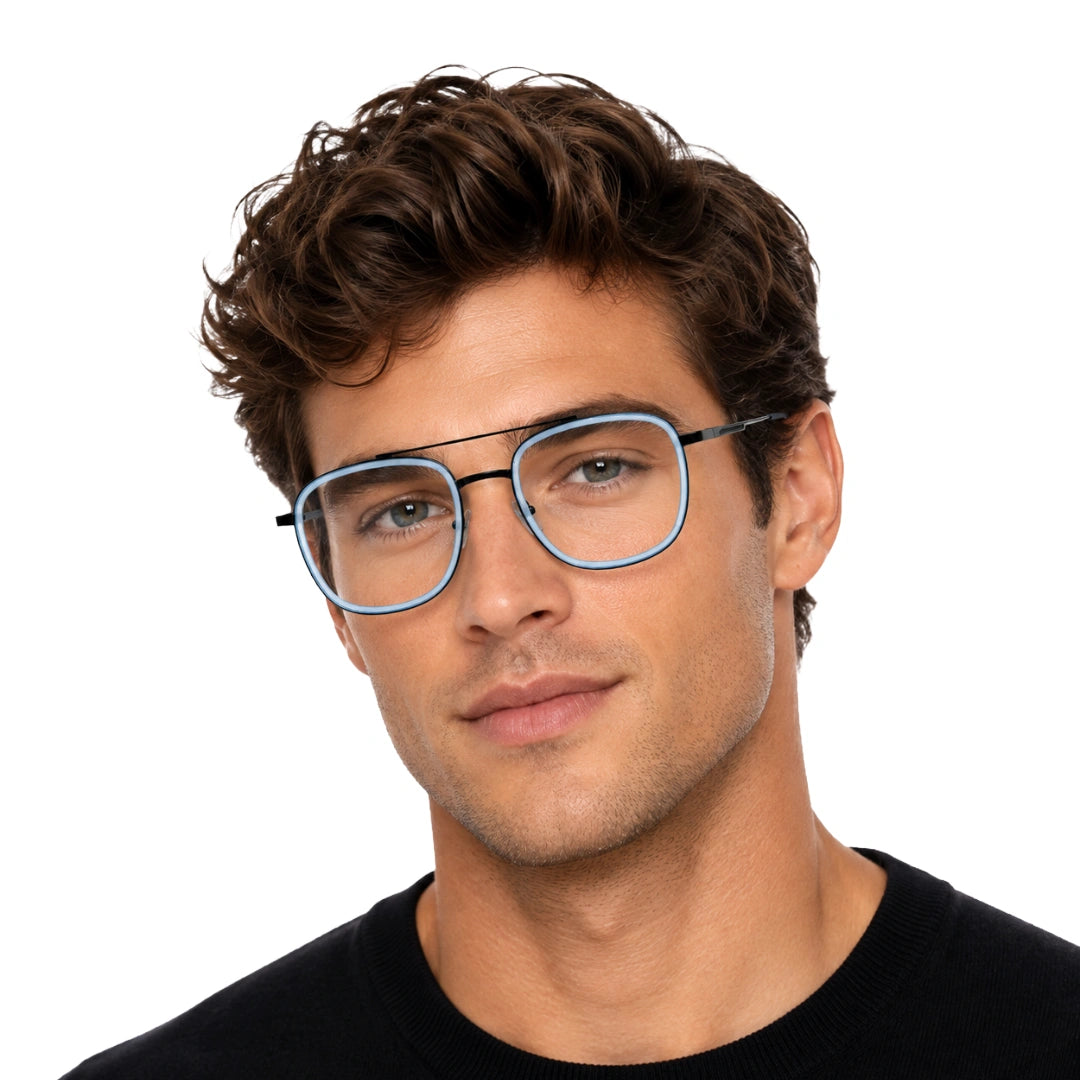 Man wearing OS SLOMGA 31008 modern double bridge square optical frame in blue