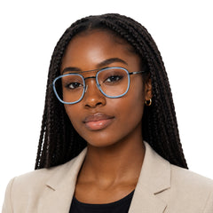 Woman wearing OS SLOMGA 31008 modern double bridge square optical frame in blue, front view