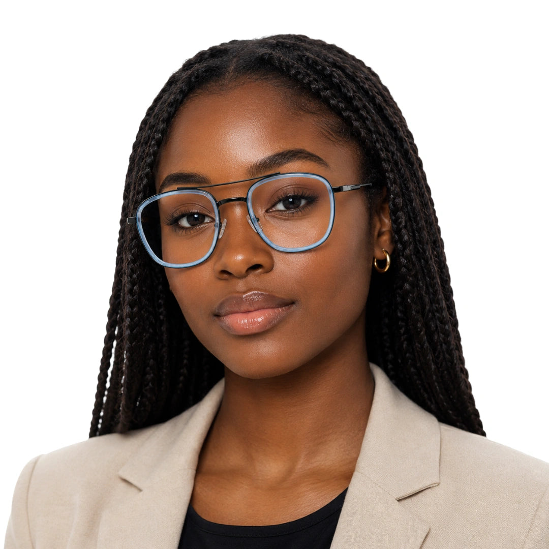 Woman wearing OS SLOMGA 31008 modern double bridge square optical frame in blue, front view