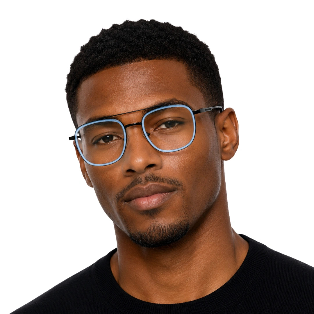 Man wearing OS SLOMGA 31008 modern double bridge square optical frame in blue, front view