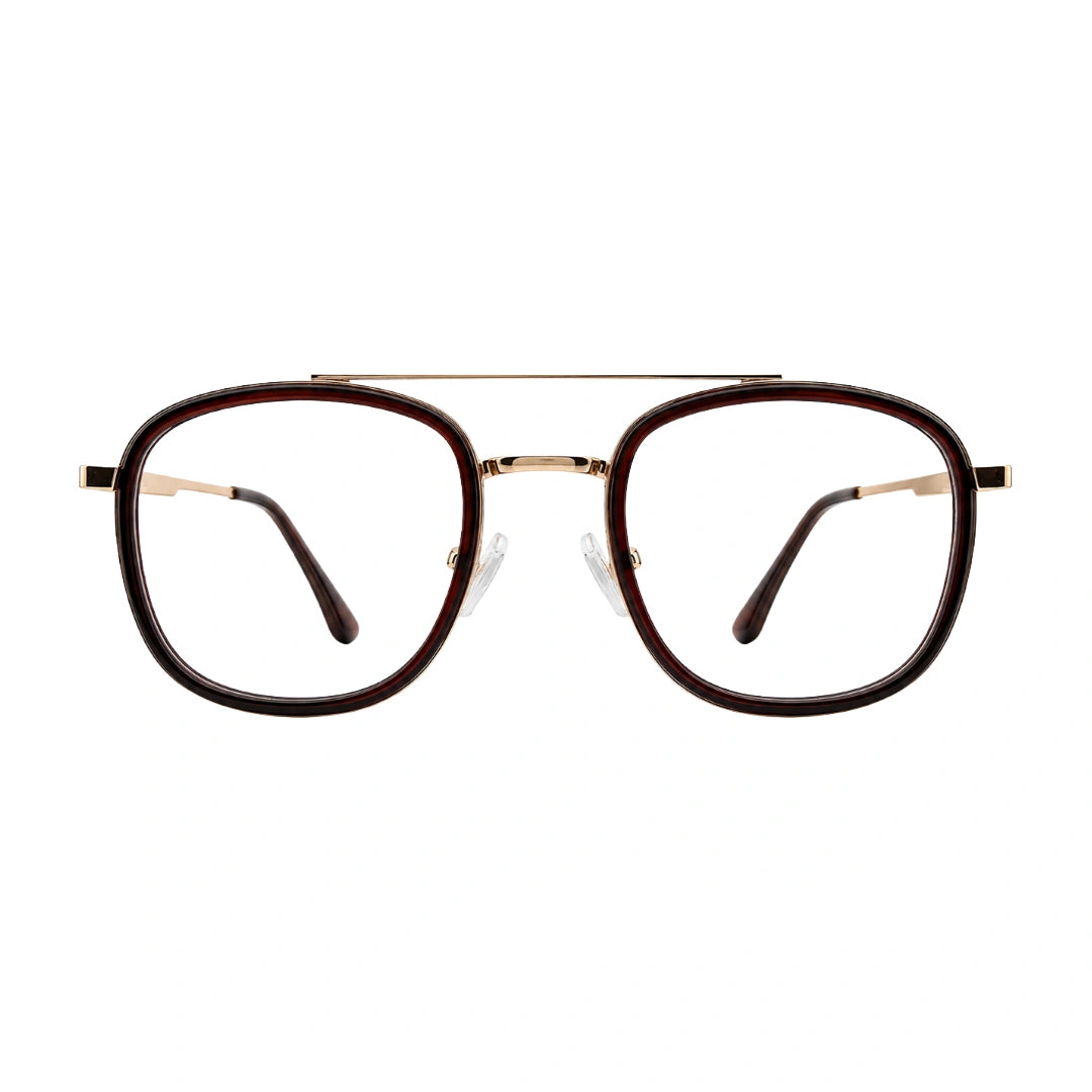 OS SLOMGA 31008 modern double bridge square optical frame in brown and gold, front view