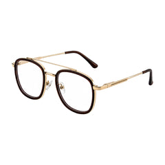 OS SLOMGA 31008 modern double bridge square optical frame in brown and gold, three-quarter angled view
