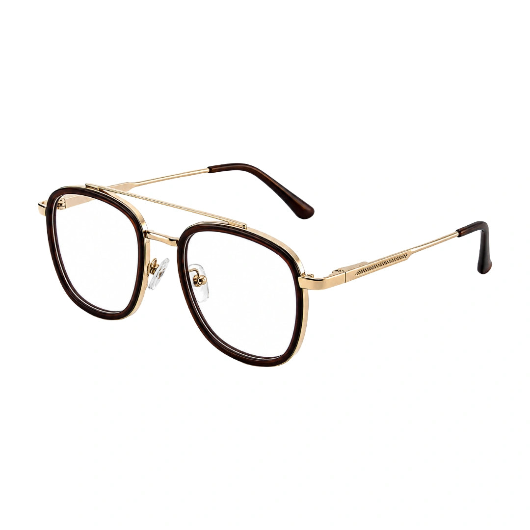OS SLOMGA 31008 modern double bridge square optical frame in brown and gold, three-quarter angled view