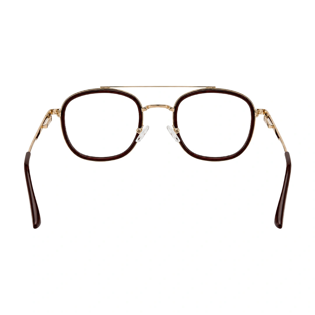 OS SLOMGA 31008 modern double bridge square optical frame in brown and gold, rear view