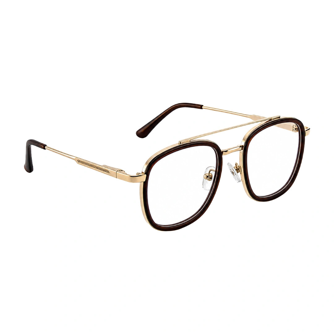 OS SLOMGA 31008 modern double bridge square optical frame in brown and gold, angled view