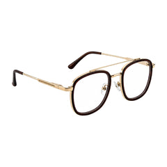 OS SLOMGA 31008 modern double bridge square optical frame in brown and gold, angled view