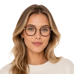 Woman wearing OS SLOMGA 31008 modern double bridge square optical frame in brown and gold