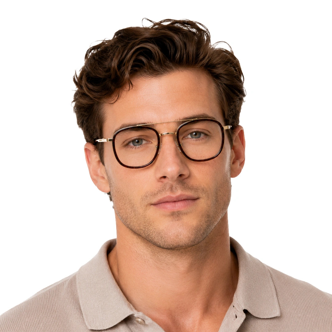 Man wearing OS SLOMGA 31008 modern double bridge square optical frame in brown and gold