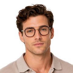 Man wearing OS SLOMGA 31008 modern double bridge square optical frame in brown and gold