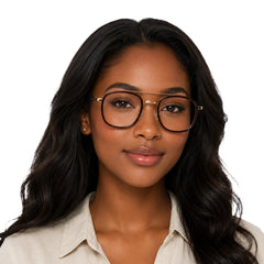 Woman wearing OS SLOMGA 31008 modern double bridge square optical frame in brown and gold, front view
