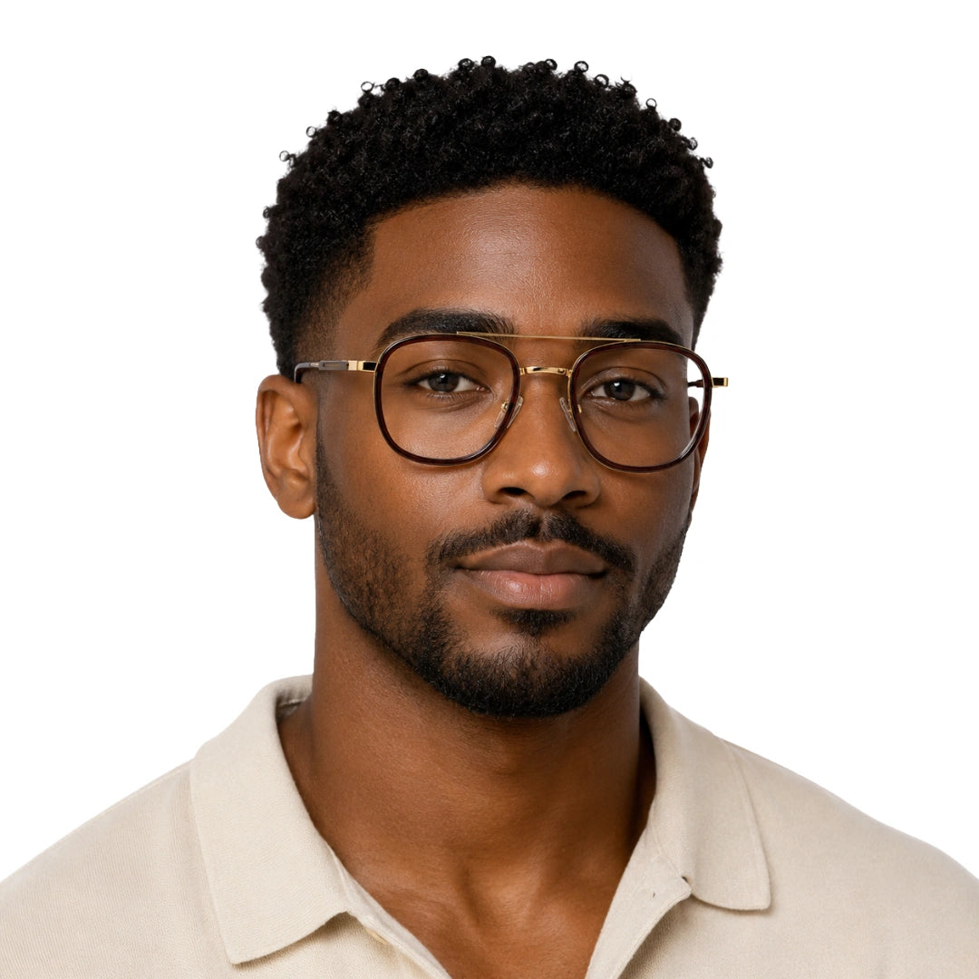 Man wearing OS SLOMGA 31008 modern double bridge square optical frame in brown and gold, front view