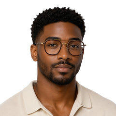 Man wearing OS SLOMGA 31008 modern double bridge square optical frame in brown and gold, front view
