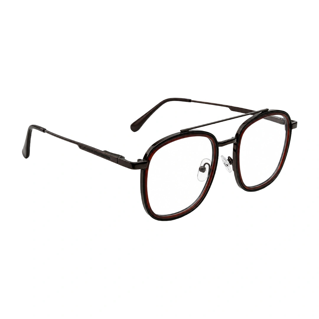 OS SLOMGA 31008 modern double bridge square optical frame in brown, angled view