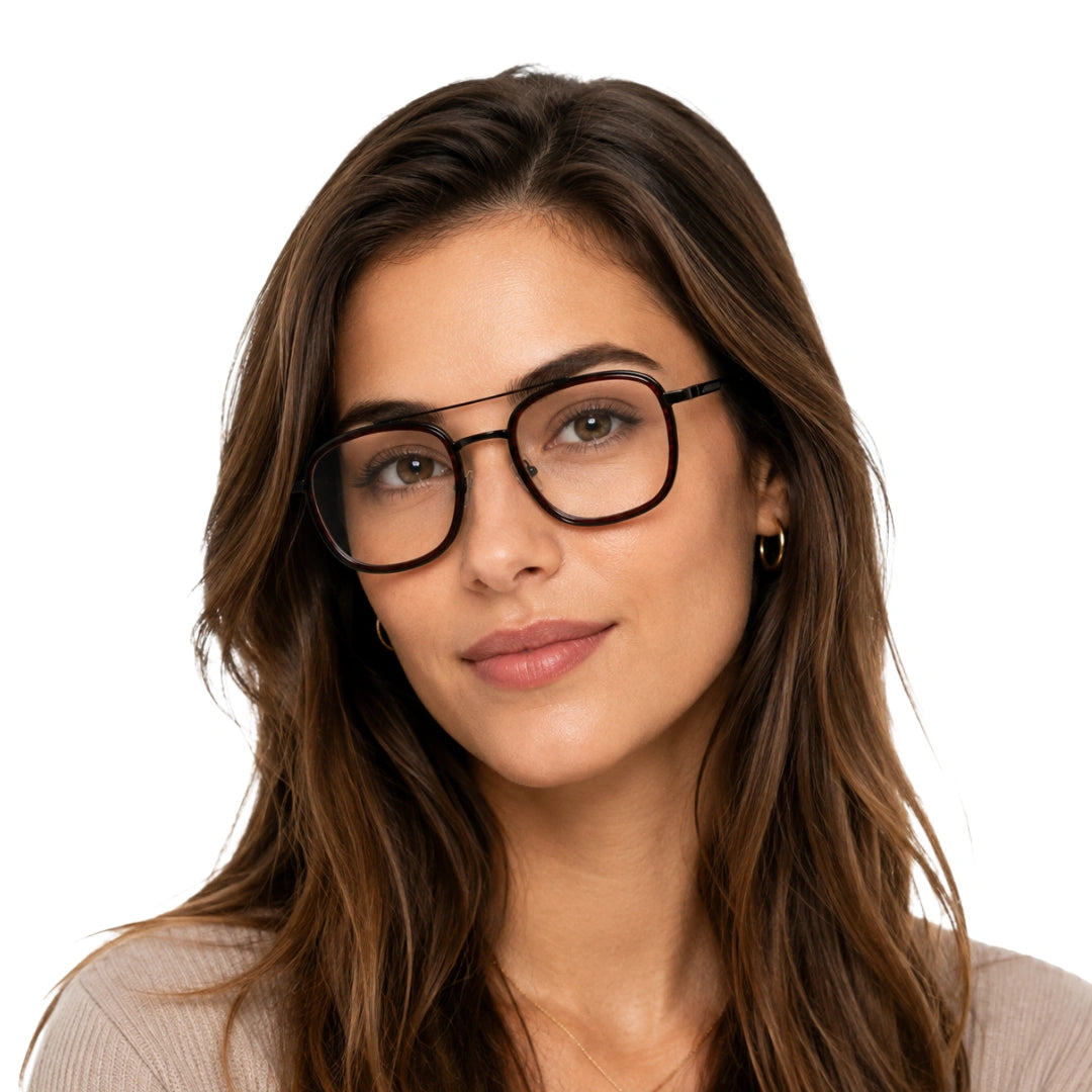 Woman wearing OS SLOMGA 31008 modern double bridge square optical frame in brown