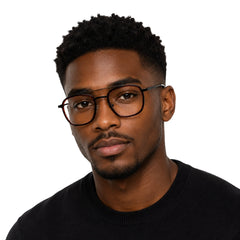 Man wearing OS SLOMGA 31008 modern double bridge square optical frame in brown, front view