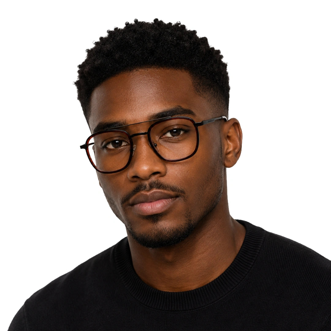 Man wearing OS SLOMGA 31008 modern double bridge square optical frame in brown, front view