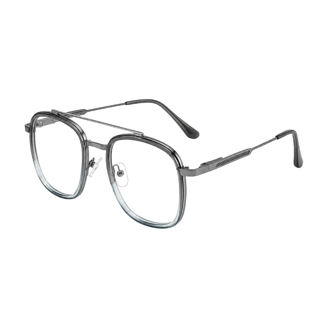 OS SLOMGA 31008 modern double bridge square optical frame in grey and blue, three-quarter angled view
