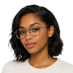 Woman wearing OS SLOMGA 31008 modern double bridge square optical frame in grey and blue
