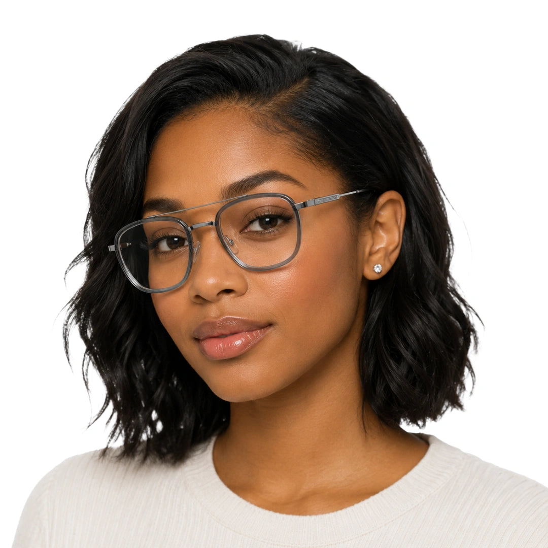 Woman wearing OS SLOMGA 31008 modern double bridge square optical frame in grey and blue